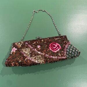 Gorgeous Sequined Purse (fits an iPhone) w/brown base and green and pink accents